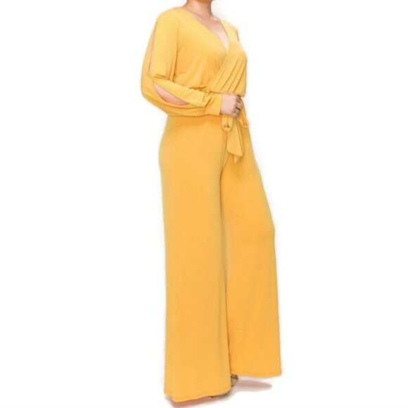 Janette Fashion Mustard Split Long Sleeve Plussize Jumpsuit - Picture 3 of 4